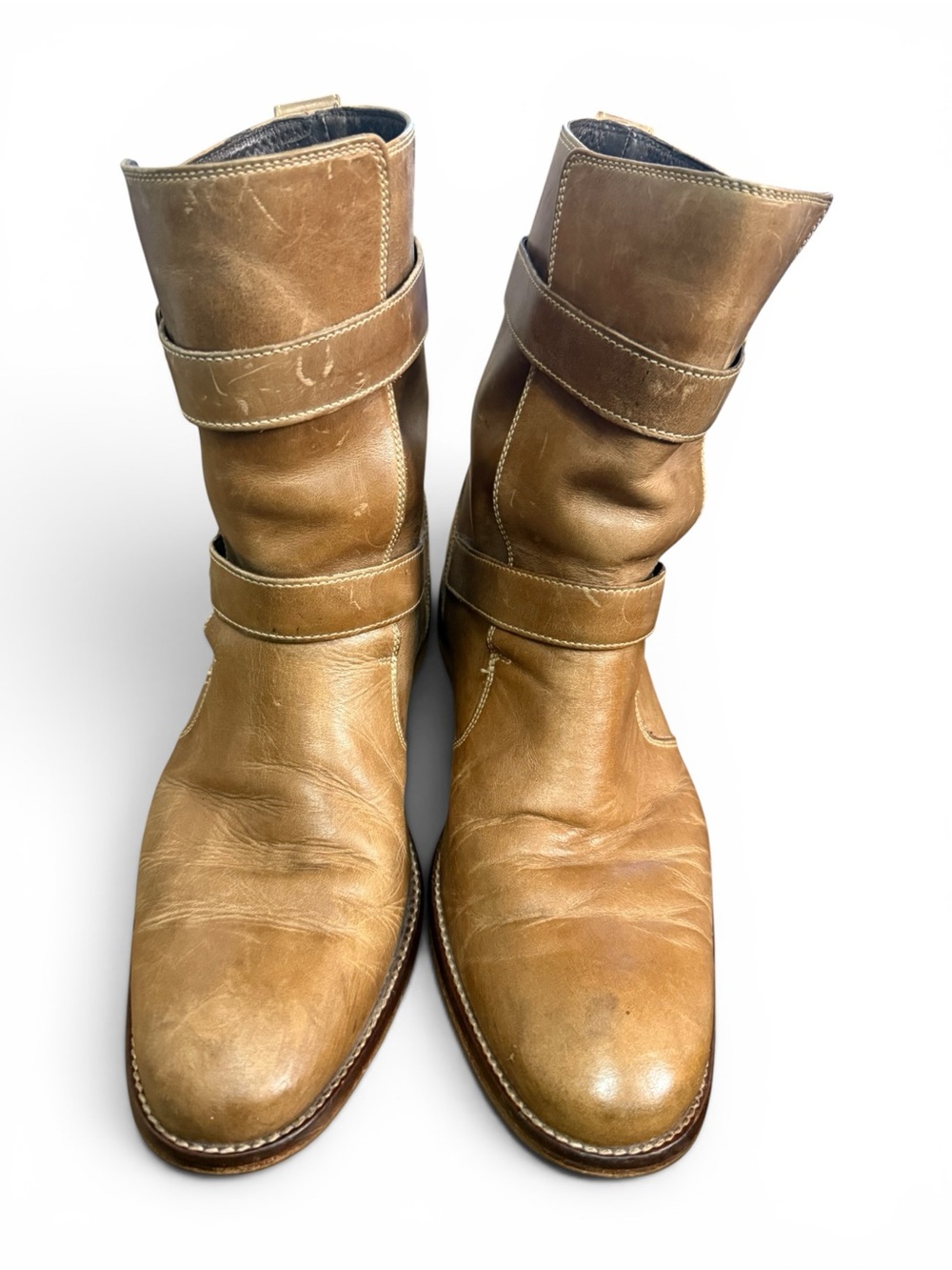 COLE HAAN Tan Leather 2-Strap Moto Casual Distressed Mid Calf Boots Mens Sz 9.5